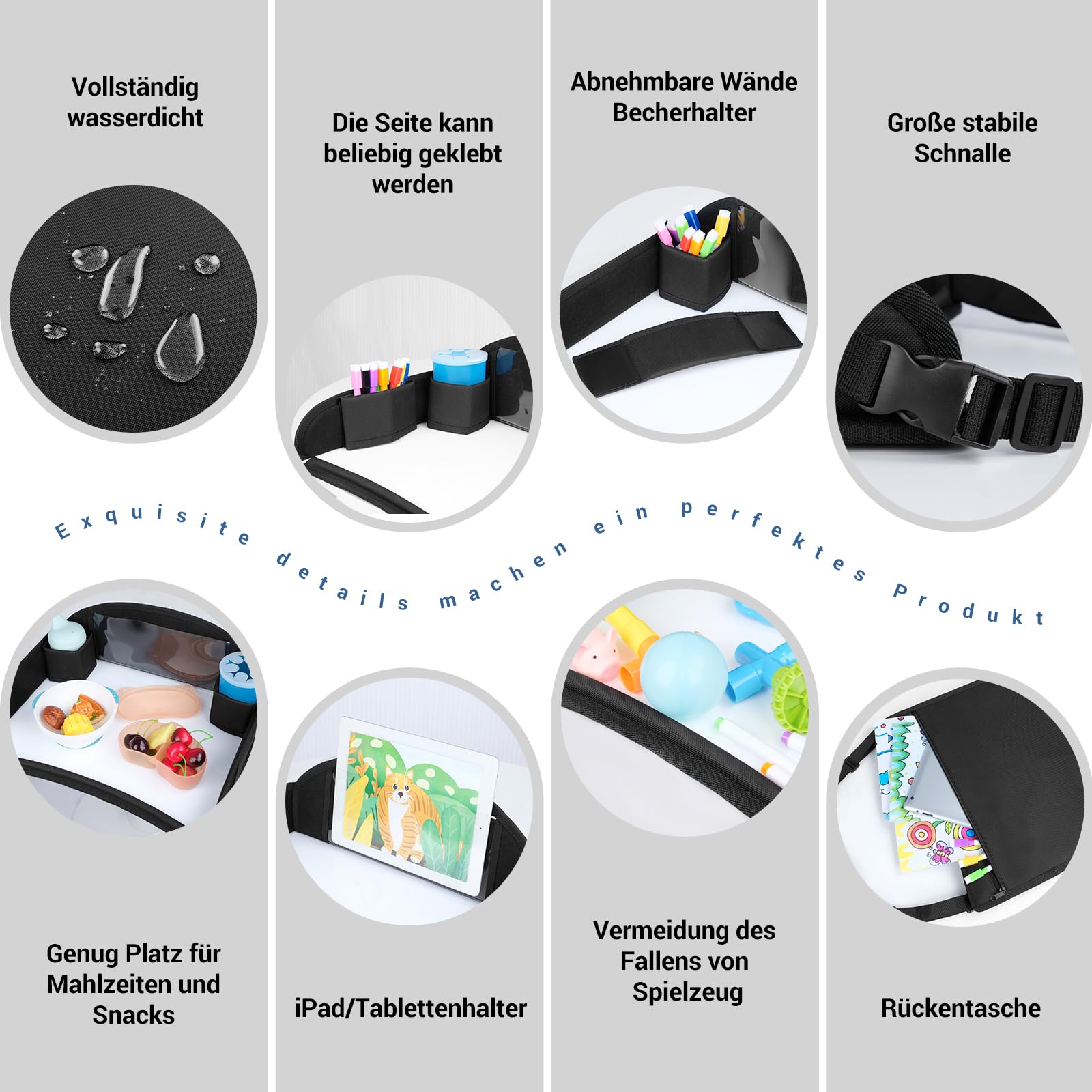 INFANZIA Reisetisch Kindersitz für Kinder - Knietablett, Snack Tablett, Kindersitz Rücksitz für Auto Flugzeug Zug Reisen - Unterstützung, Faltbarer Organizer (Schwarz)