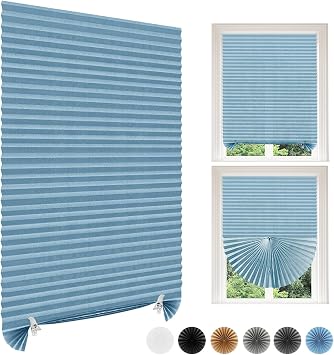 Paper Blinds Temporary Window Blinds Light Filtering No Drill Stick on Cut to Size Cordless Self Adhesive Pleated Shades for Kitchen Bathroom Windows Doors 1, Blue, WxH 35x59 in