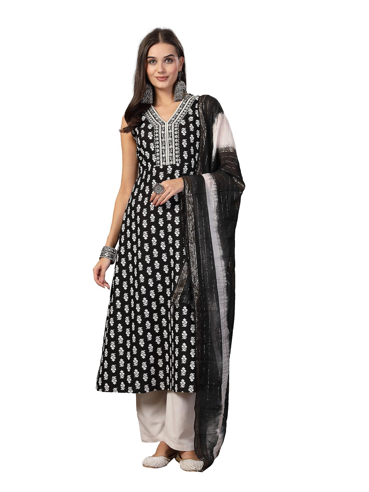 Stylum Women's Printed & Embroidered Rayon A-Line Kurta Dupatta Set (Kdblackmoko42_Black, Xl)
