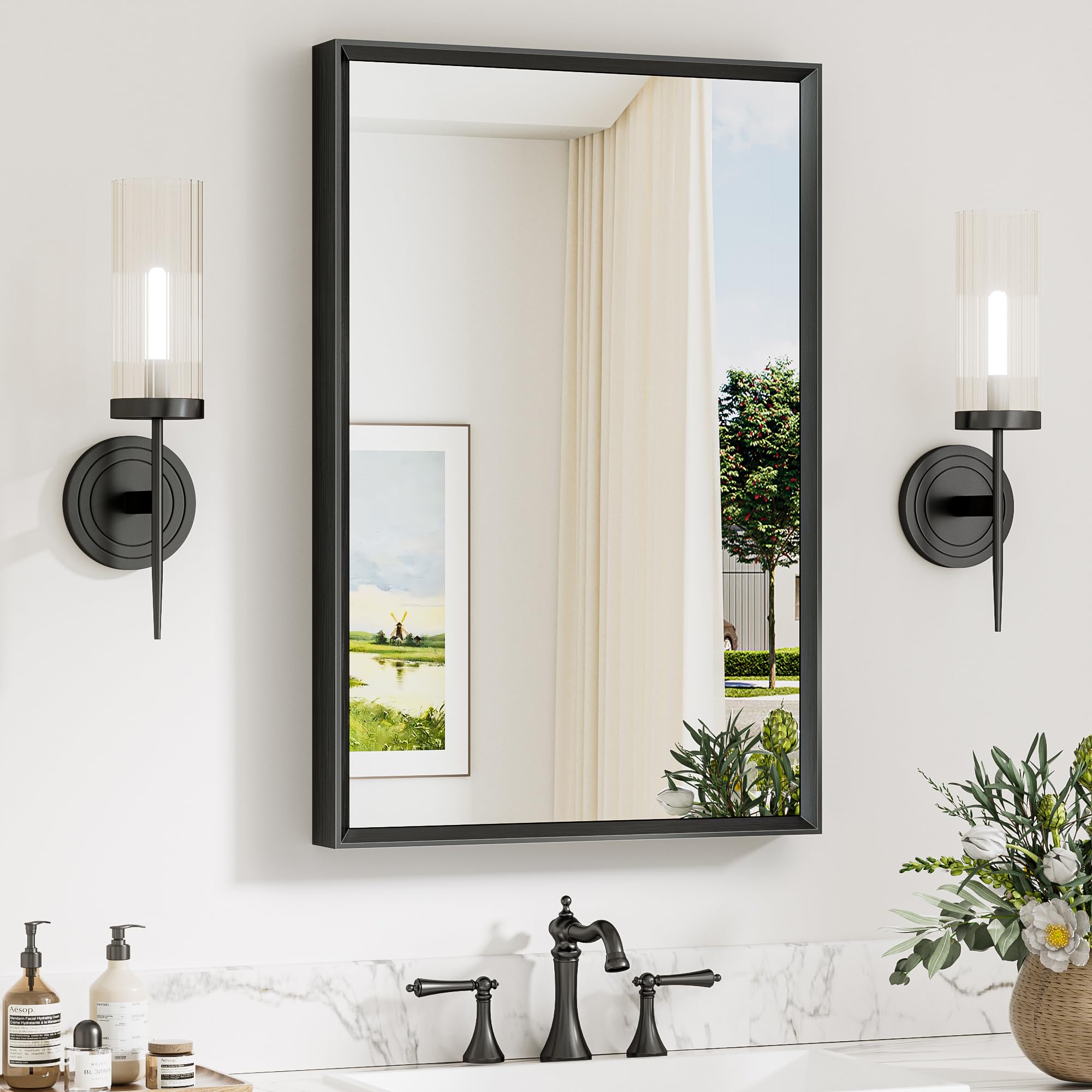 Keonjinn 20 x 30 Inch Black Bathroom Mirrors for Over Sink Beveled Rectangle Framed Mirrors for Wall Black