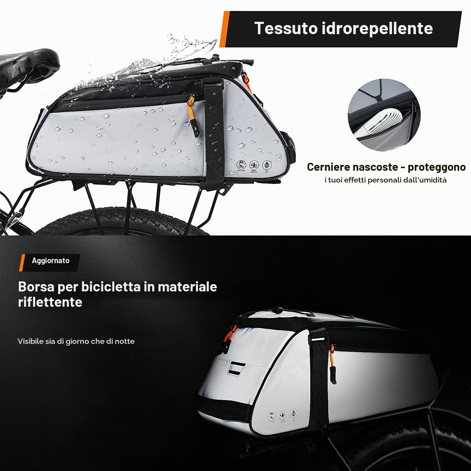 Borsa Laterale per Bici 10L Borse Portapacchi Posteriori per Ciclismo Zaino Borsa Laterale per Biciclette Borsa per Bici Completamente Riflettente Impermeabile Accessori per Biciclette