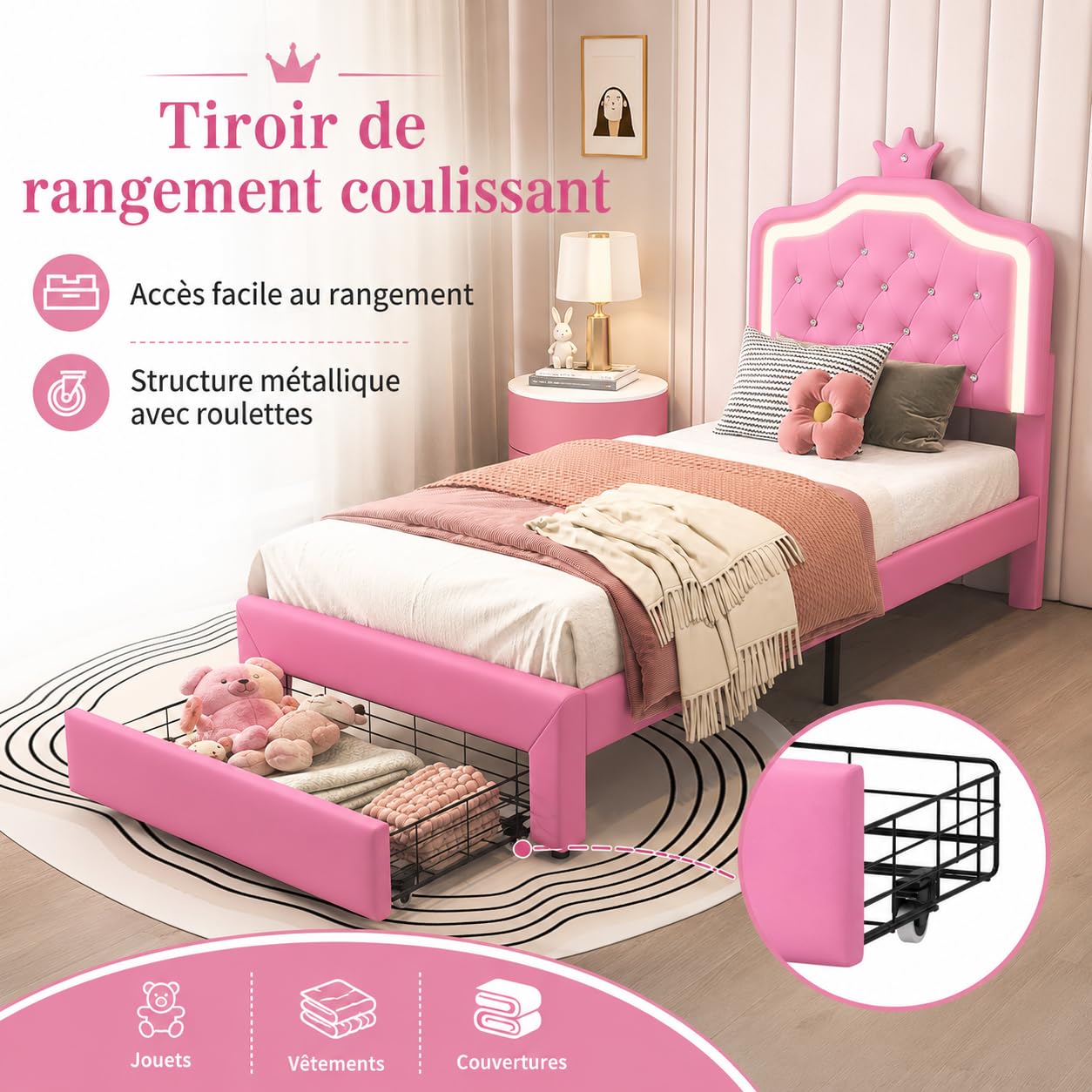 Cama para Niña 90x200 con LED RGB, Regulable en Altura, Cama Individual con contenedor, Cama Infantil, en Forma de Corona, Somier de Láminas de Madera, PU, Sin colchón (Rose-C, 90x200 cm)