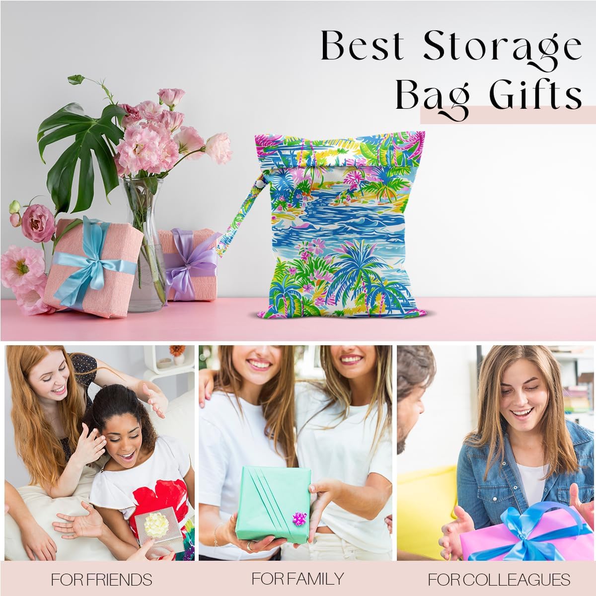 Wet Bag, Wet Dry Bag, Waterproof Swim Bags, Machine Washable Reusable Bags for Beach, Pool, Diapers, and Dirty Yoga Gym Clothes(Watercolor Palm Tree & Beach Pattern