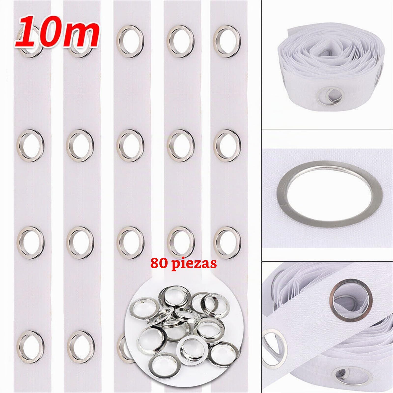 Cinta de cortina con ojales de 10 m, 80 anillos, accesorios de costura, cortinas plateadas, cinta con ojales para el hogar, cortinas perforadas, decoración de bricolaje
