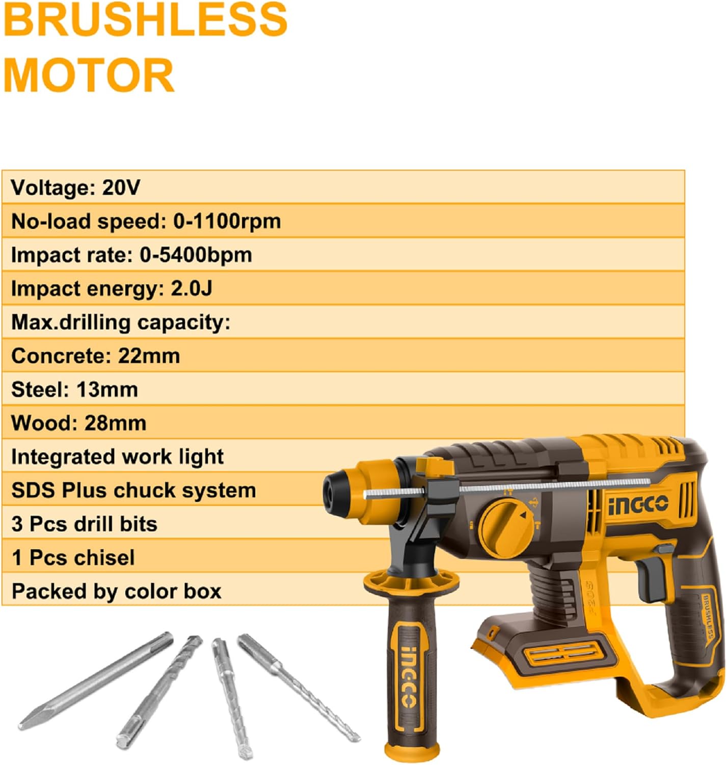 Detailed specifications for the INGCO CRHLI2201 brushless rotary hammer.