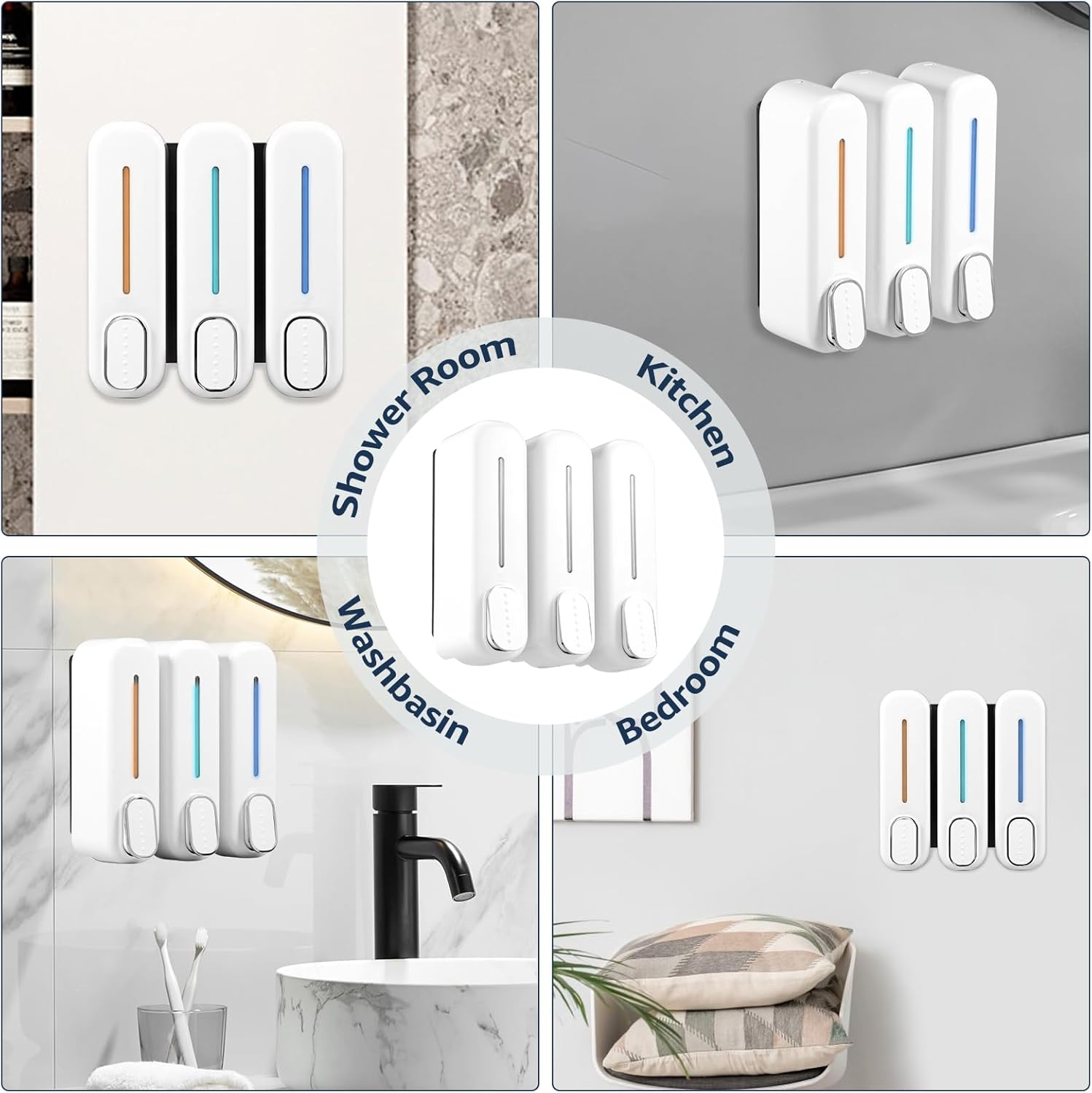 3-in-1 Shampoo and Conditioner Dispenser, Shower Dispenser 3 Chamber No Drill Shampoo Dispenser, 1050ML Shampoo and Soap Dispensers, Wall Mounted Soap Dispenser for Hotel/Home Bathrooms