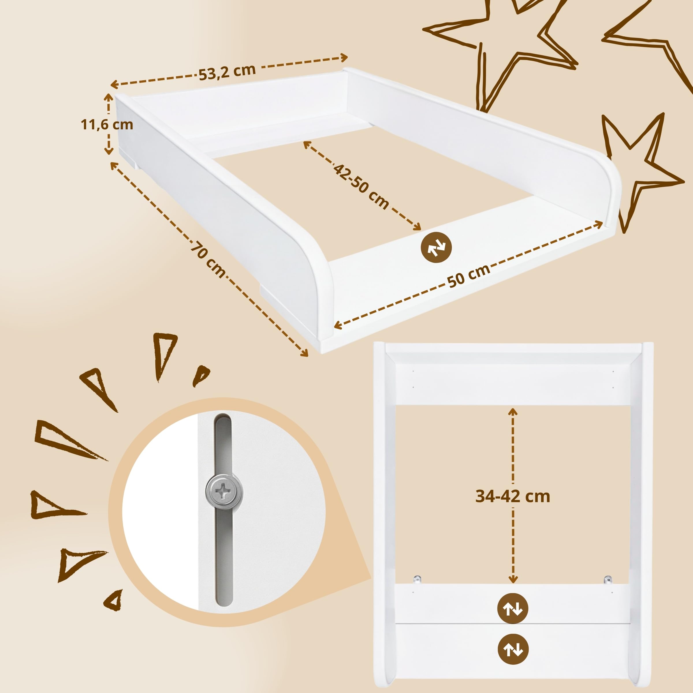 Plan à langer, Côtés arrondis, 53,2 x 70 cm, Blanc | Réglable extensible 34–50 cm, Table à langer bébé, Bords surélevés