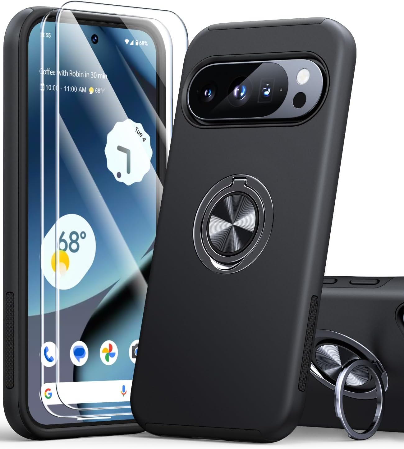 AOUIA Google Pixel 10 Pro XL Case with 2 Protective Glass, 360° Ring Stand, Protective Case Cover for Pixel 10 Pro XL, Black