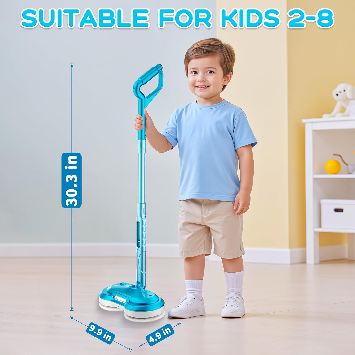 Kids Electric Mop Toy, Rechargeable Cordless Electric Spin Mop W/Water Sprayer & LED Headlight for Children Ages 3 4 5 6+ Boys & Girls, Cleaning Toy for Pretend Play (Ice Blue)