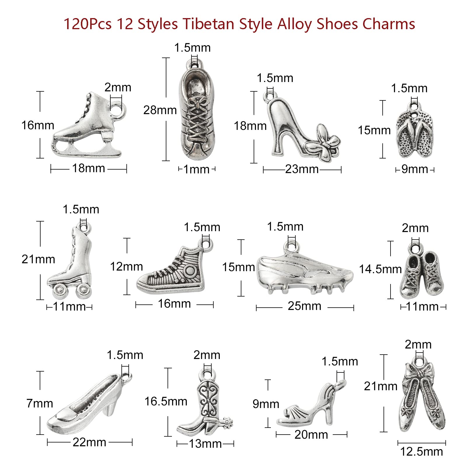 Stiesy 120Pcs 12 Styles Vintage Shoes Charms Antique Silver High Heels Shoes Charms Tibetan Cowboy Boot Ice Skates Charms for DIY Crafts Jewelry Making - Image 2