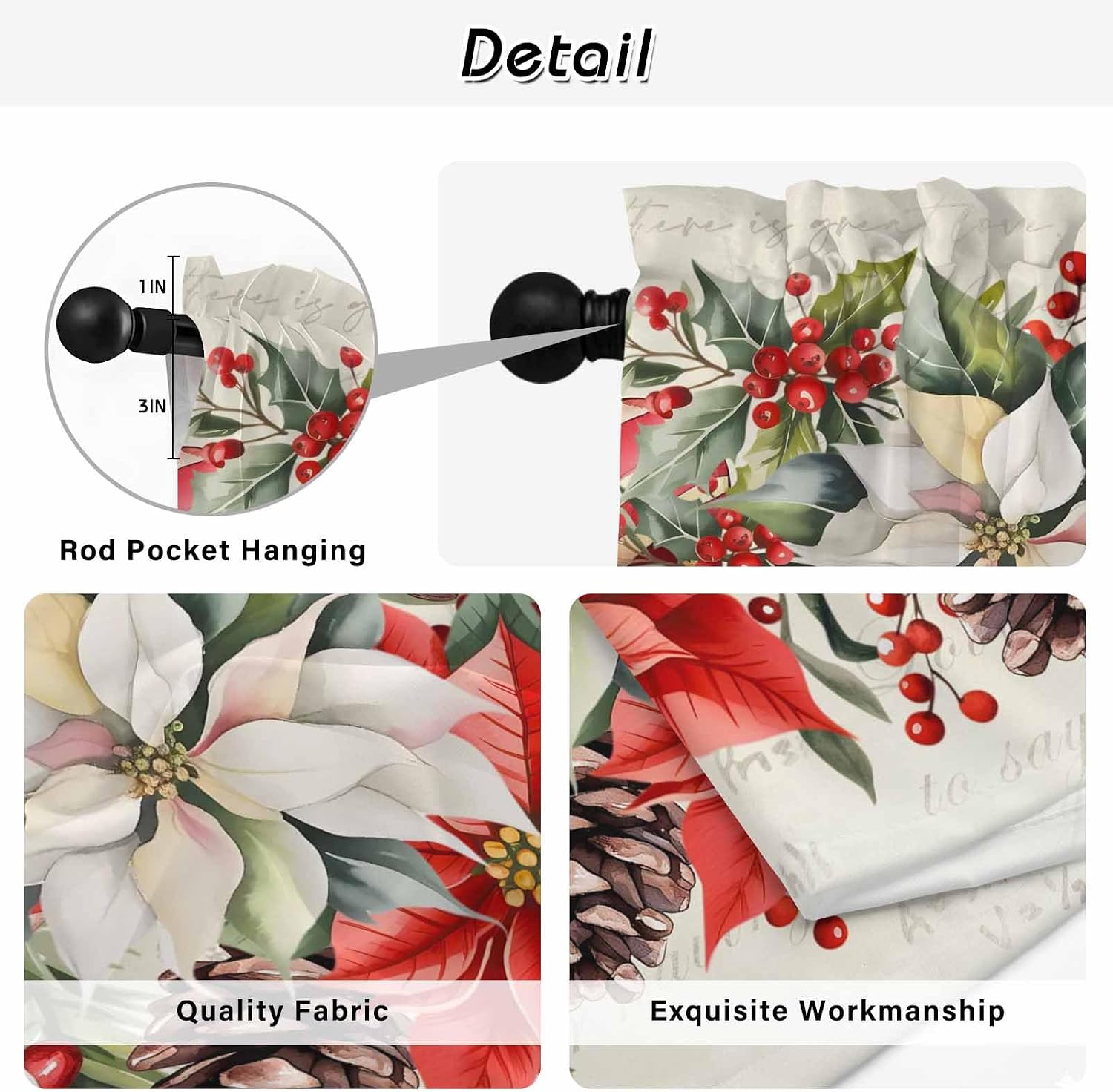 Christmas Poinsettia Window Curtains 72 Inch Long 2 Panel Set, Rod Pocket Long Curtains & Drapes, Xmas Floral Pine Cones Winter Light Filtering Window Treatment for Bedroom Living Room 52"W x 72"L