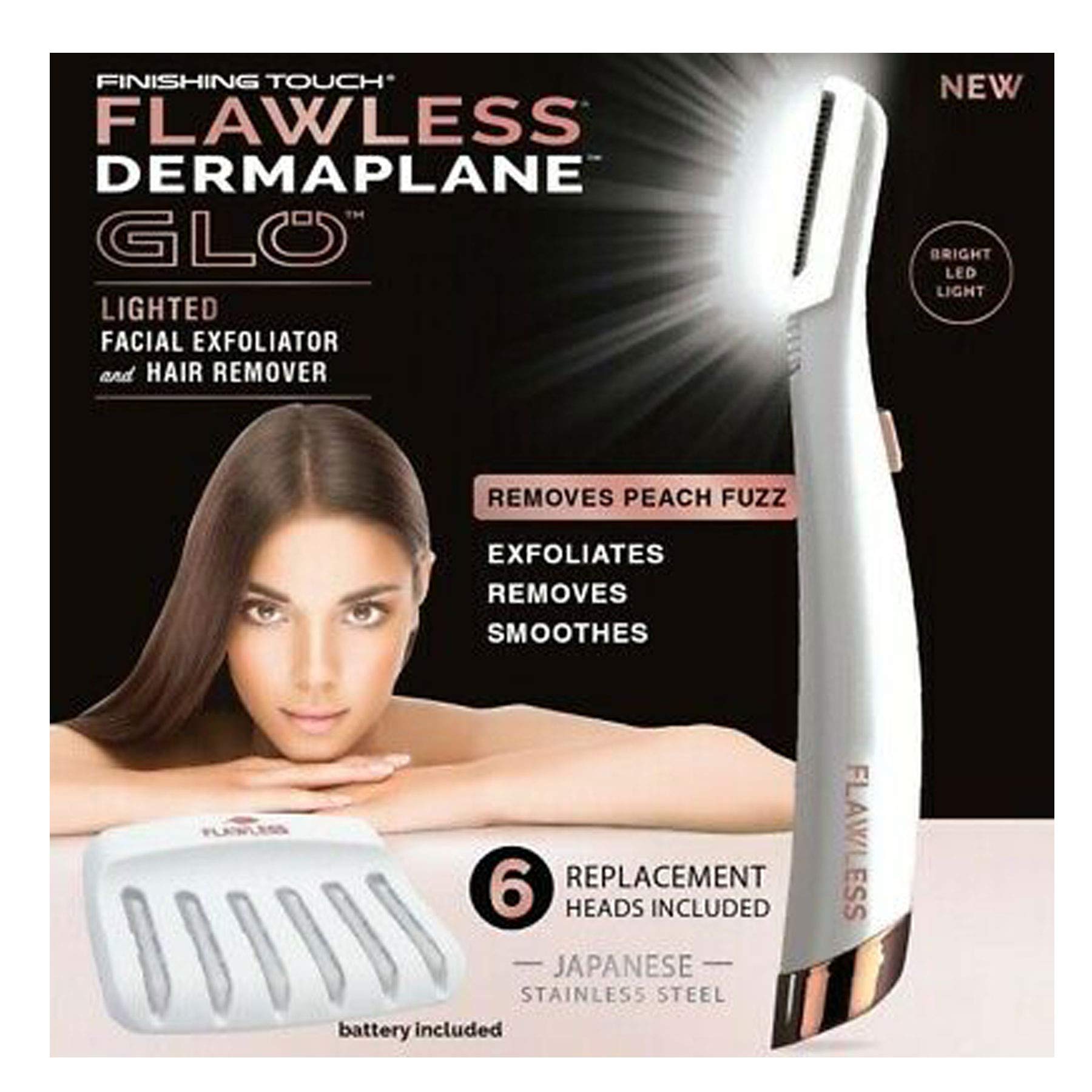 Finishing Touch Flawless Dermaplane Glo Lighted Facial Exfoliator - Non-Vibrating Facial Exfoliator & Hair Remover With 6 Replacement Heads For women