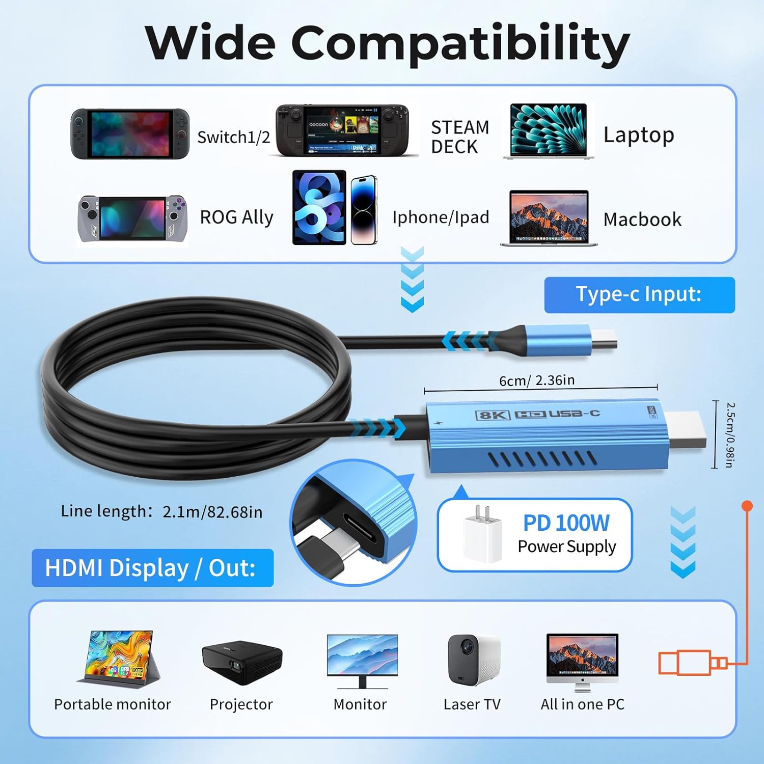 Guermok Switch 2 Compatible USB3.0 Video Capture Card 1080P/2K PD100W with 90° Type-C Adapter and 67in USB-C to HDMI TV Mode Cable, Supports HDR 8K, Works with Pad, macOS, Quest 3