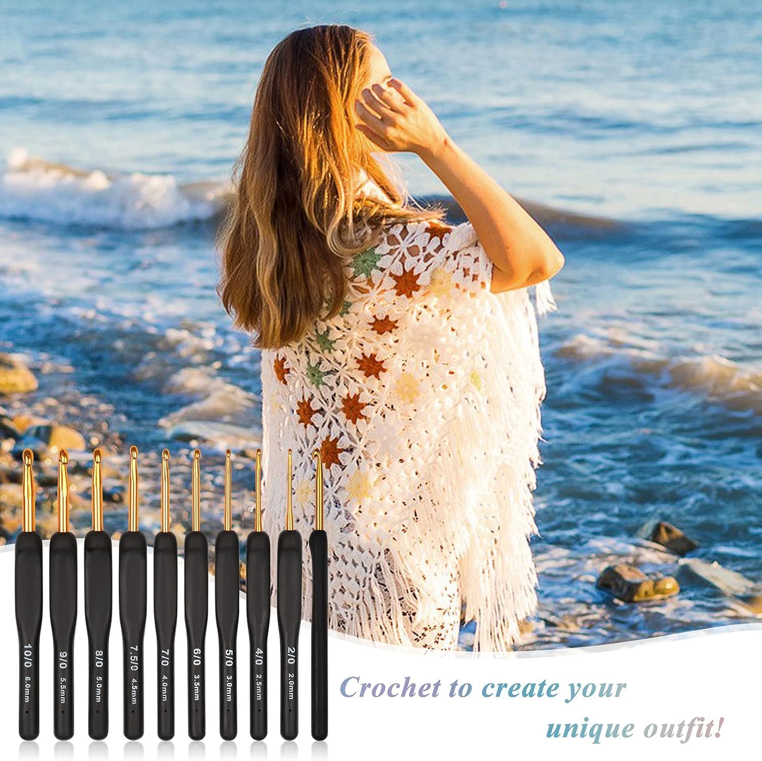 VIRADHAM Crochet Hooks Set of 9 (2.0–6.0mm), Aluminum Crochet Needles with Soft Ergonomic Rubber Handles, Comfortable Grip Crochet Kit with Stitch Markers for Arthritic Hands, Beginners & Professionals – Gold/Black (Gold Crochet Hook) 3