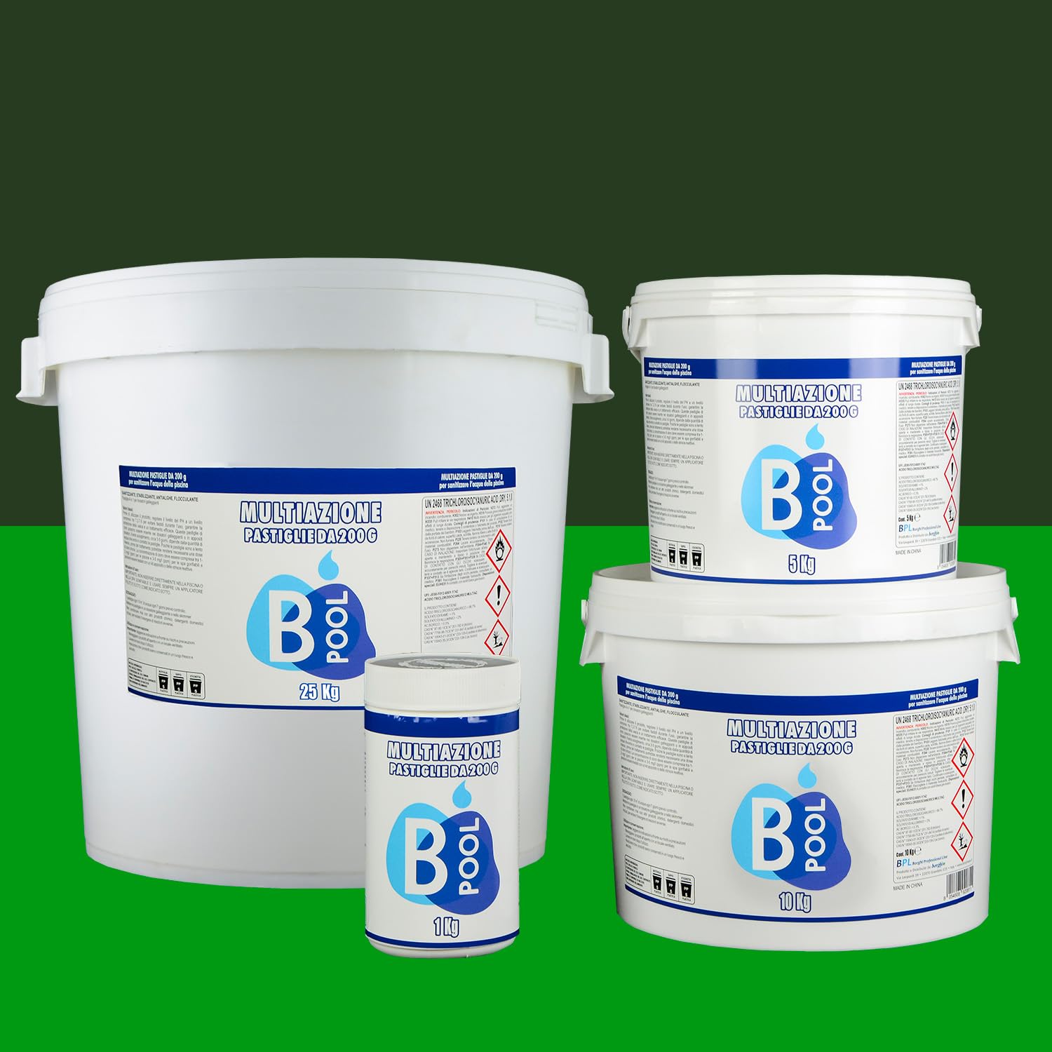 B POOL Multiazione 200 GR. Pastiglie ad azione Sanitizzante, Stabilizzante, Antialghe, Flocculante per il trattamento dell'acqua della tua piscina. Formato da 10 Kg