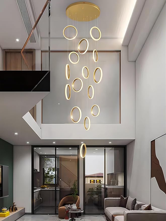 RuiRfh Kroonluchter moderne LED villa trap grote hanglamp goud dimbaar hoog plafond hanglamp met afstandsbediening geschikt voor foyer hotel woonkamer aluminium 15 ringverlichting (Color : White ligh photo 3