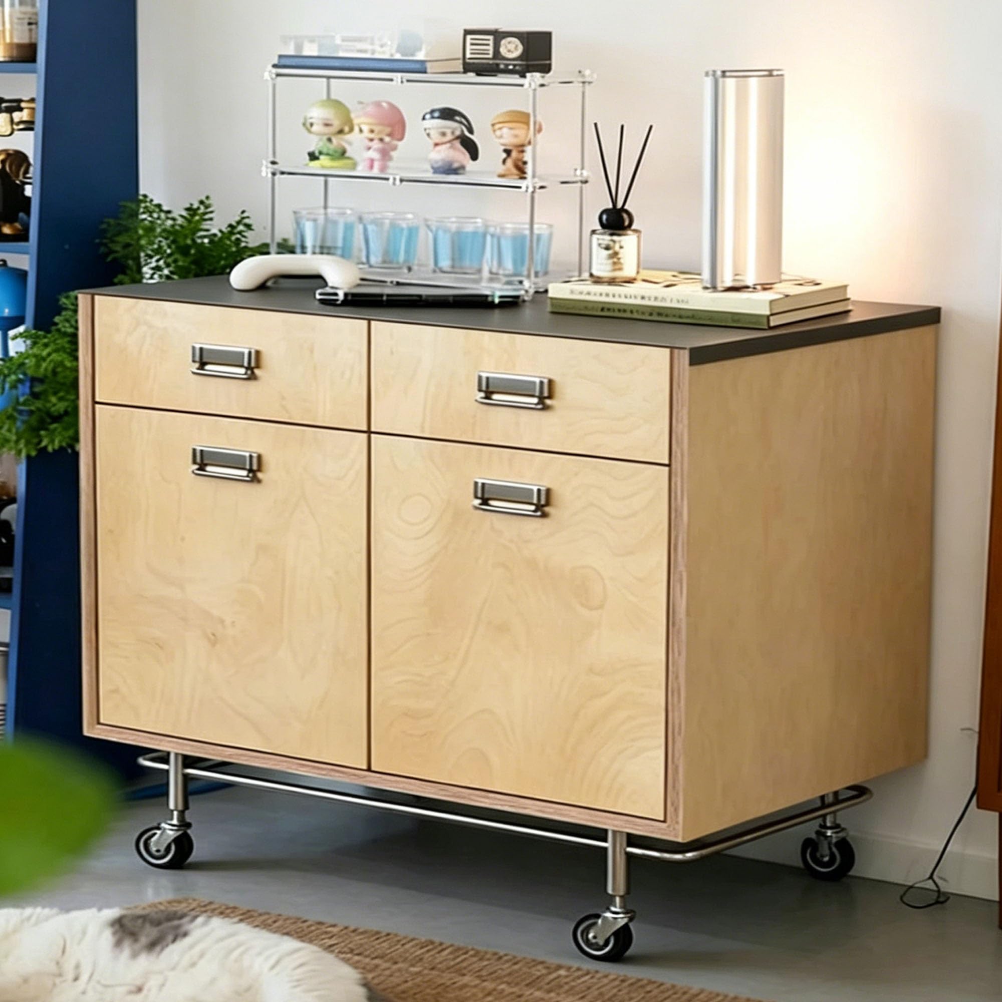 Kiboncy A Stainless Steel Top Rolling Coffee Bar Cabinet, Birch Wood Sideboard Buffet Storage Cupboard For Home Kitchen Bar(,120)