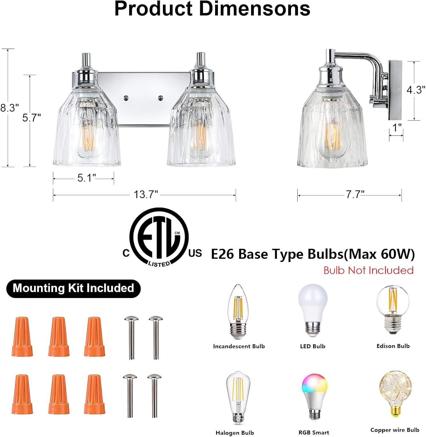 2 Light Bathroom Light Fixtures Modern Chrome Vanity Lights for Bathroom Lighting Fixtures Over Mirror with Thickened Glass Shade for Cabinet Mirror Bedroom Hallway