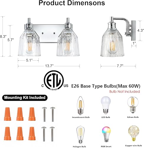 Miniatura 2 de 2 lámparas de baño modernas cromadas para baño, accesorios de iluminación sobre espejo con pantalla de vidrio grueso para armario, dormitorio,