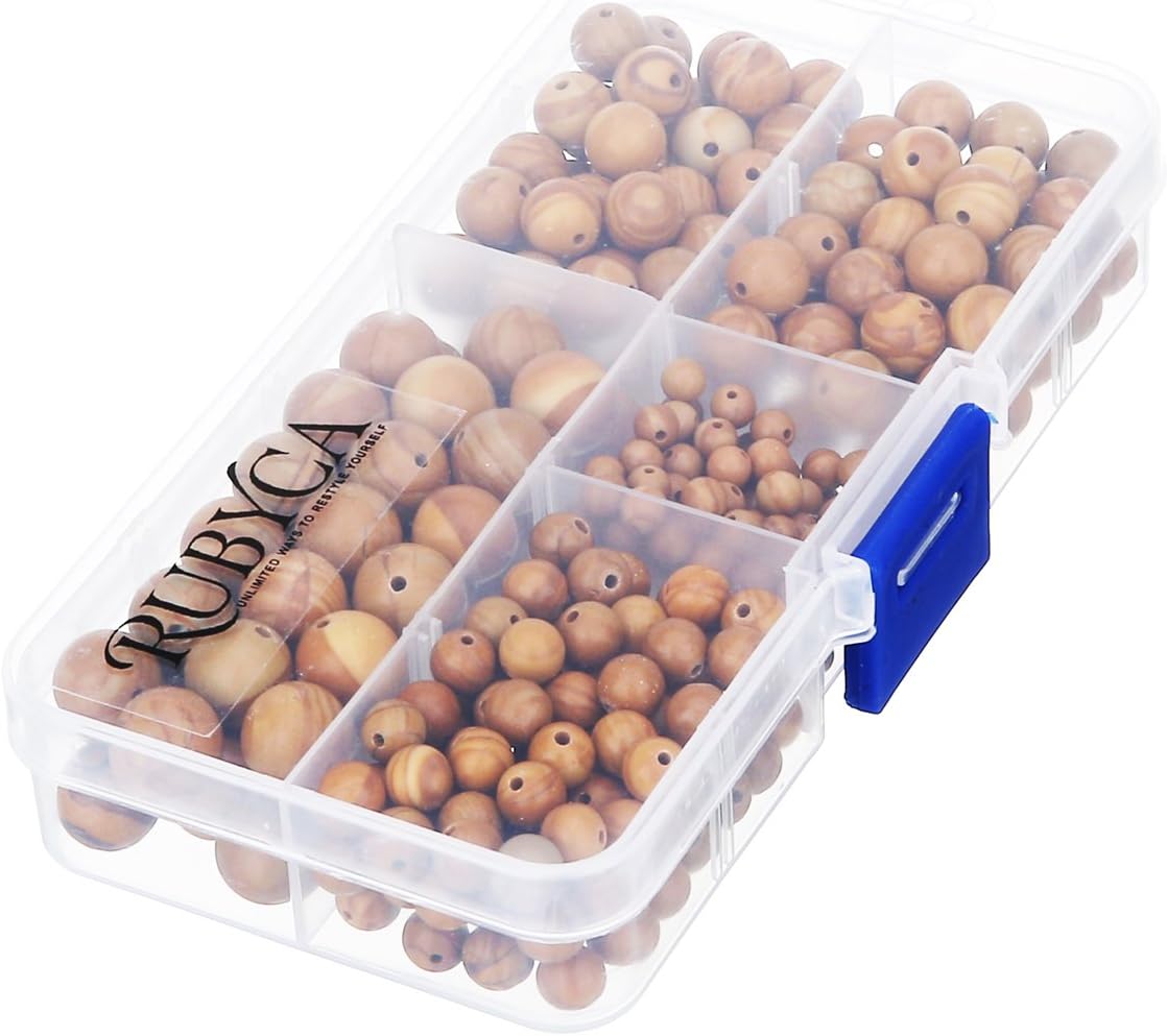 RUBYCA Natural Woodgrain Jasper Gemstone Round Loose Bead Organizer Box DIY Jewelry Making Mix Sizes - Image 4