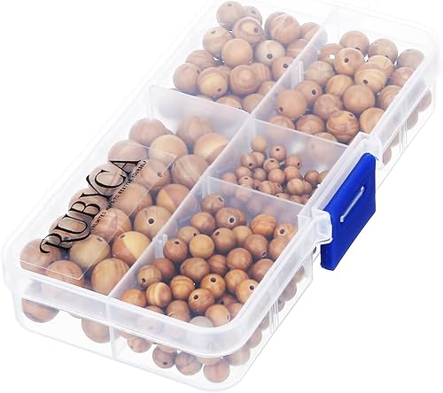 Miniatura 3 de RUBYCA Caja organizadora de cuentas sueltas redondas de jaspe de grano de madera natural, caja organizadora de joyas, mezcla de tamaños