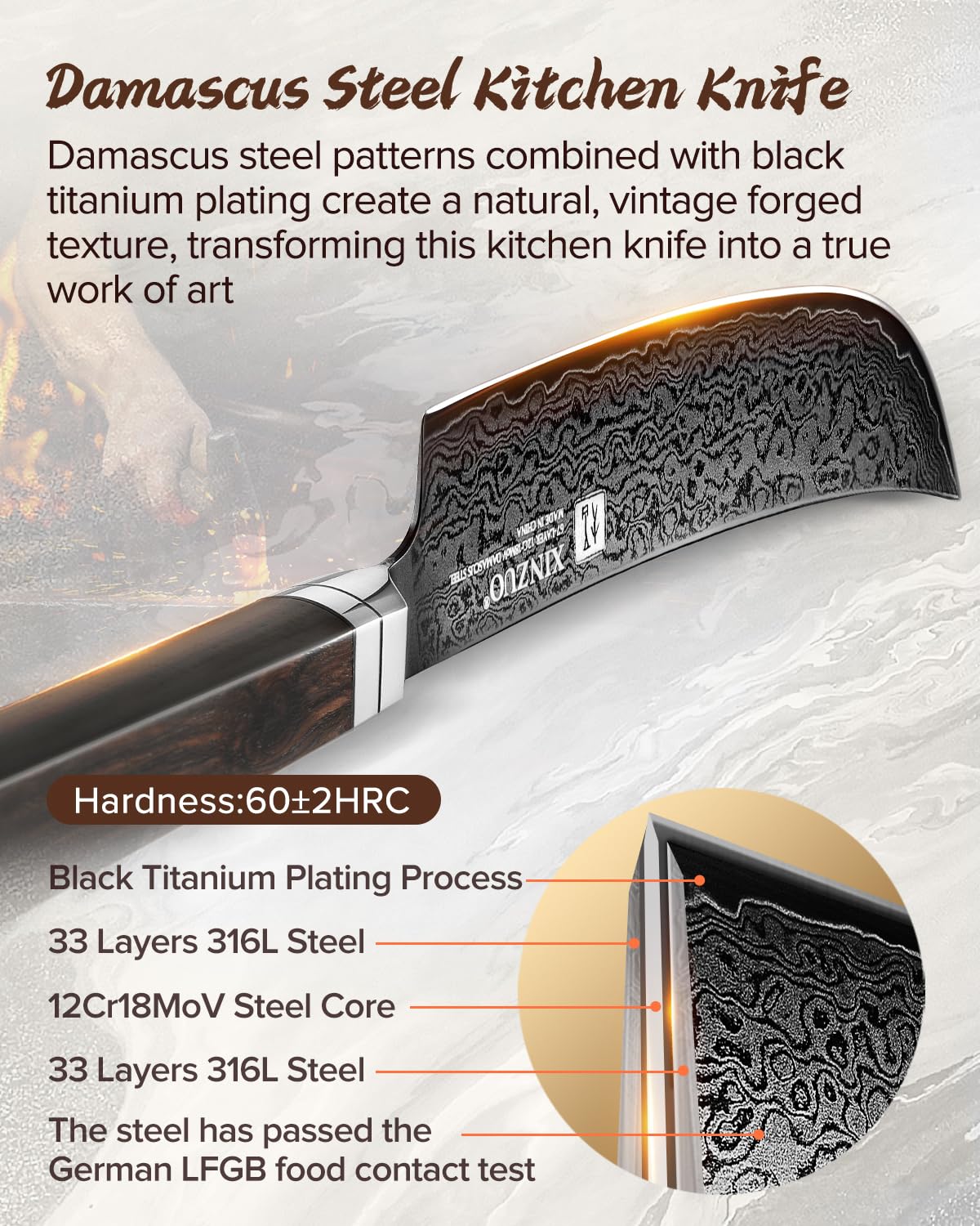 XINZUO Acero de Damasco 19cm Cuchillo de Trinchar de Cocina -Recubrimiento de Titanio Negro -Afilado Forjado Cuchillo Fileteador de Cocinero Profesional -Mango de Madera de Ébano -con Caja de Regalo