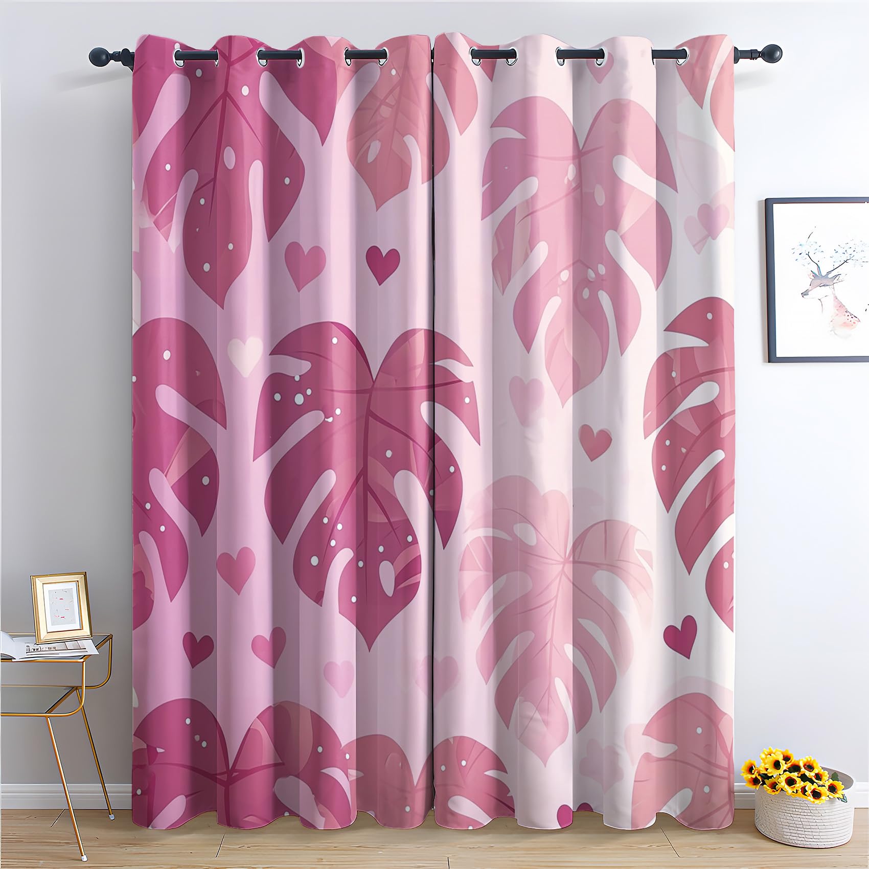 Monstera Curtains for Bedroom Living Room - Pink Tropical Leaf Blackout Curtains 52 x 84 Inch (Width x Drop), Thermal Insulated Eyelet Curtains & Drapes, Decorative Patterned Window Treatments C-#277