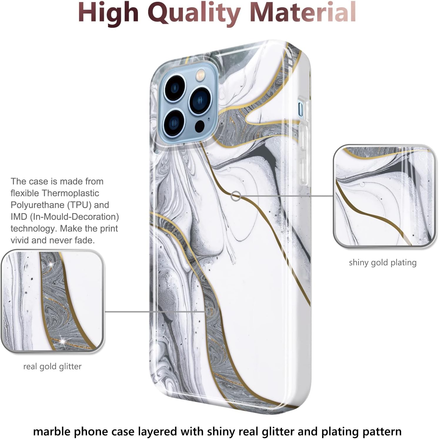 JAHOLAN Compatible with iPhone 13 Pro Max Case Gold Plating Marble Design Clear TPU Bumper Shockproof Soft Silicone Cover Phone Case for iPhone 13 Pro Max 6.7 inch 2021 Grey White