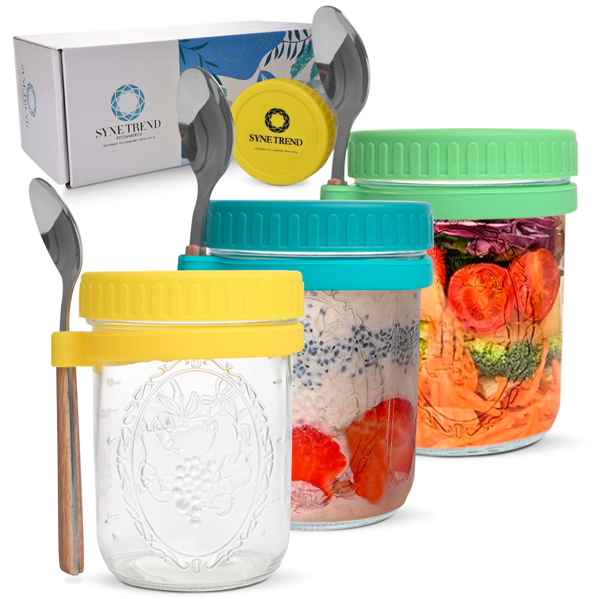 Gift Set Overnight Oats Containers with Lids, 16oz Overnight Oats Jars, 3 Pack Oatmeal Containers with Lids (Green + Turquoise + Yellow)