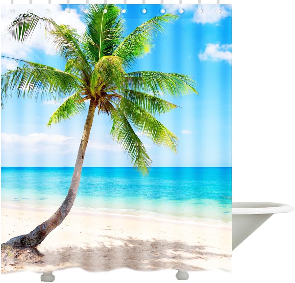 Superior Custom Sea Paradise Beach Seascape Refreshing Summer Palm Tree Coconut Palm Tree Shower Curtain 66" x 72"