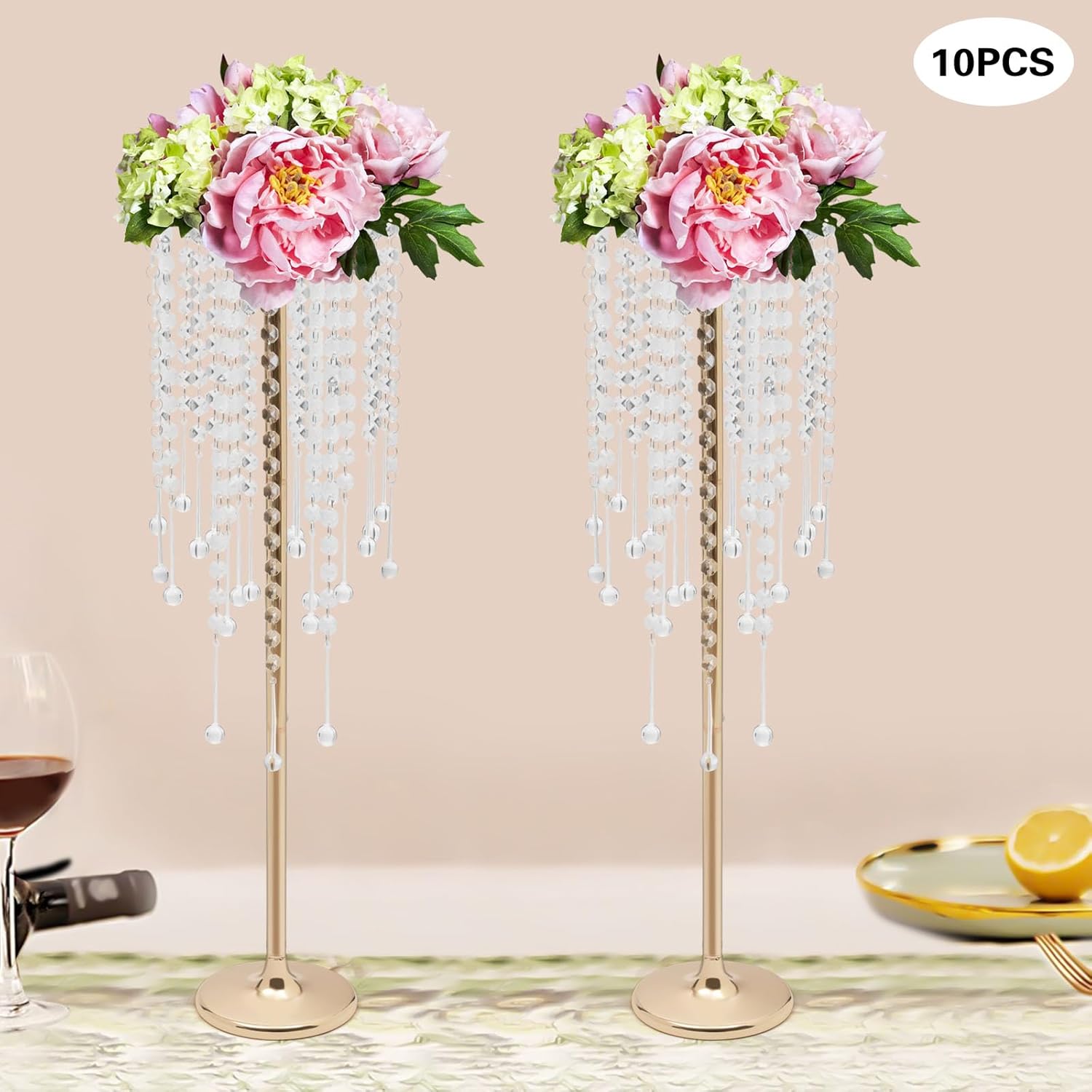 10PCS Crystal Flower Stand Wedding Centerpieces Gold Vases Metal Flower Candle Holder with Sparkling Crystal for Table Wedding Party Dinner Event Decor (Gold-3)