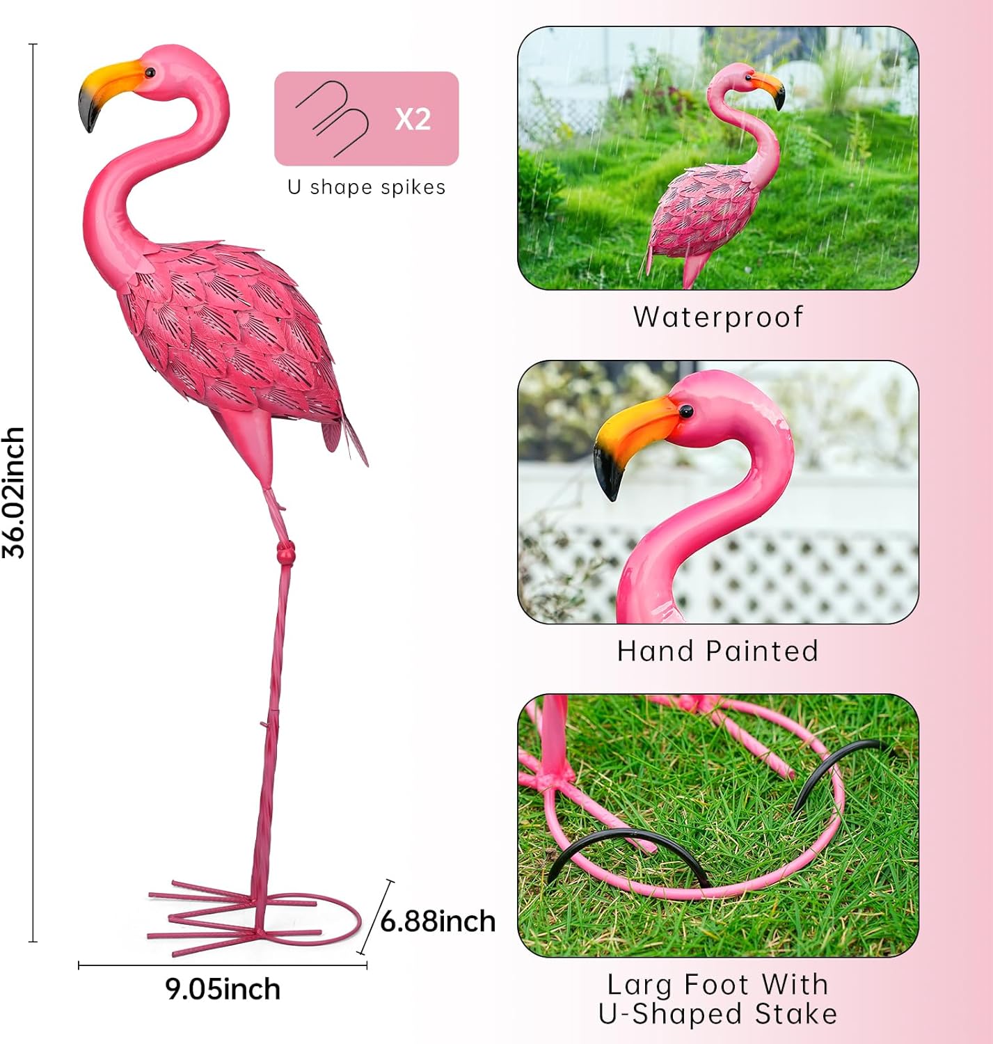 Pink Flamingo Garden Statue Outdoor Decoration, Metal Yard Art Lawn Ornament, Suitable for Backyard Pond, Patio, Porch Outdoor Decor (Large Size)