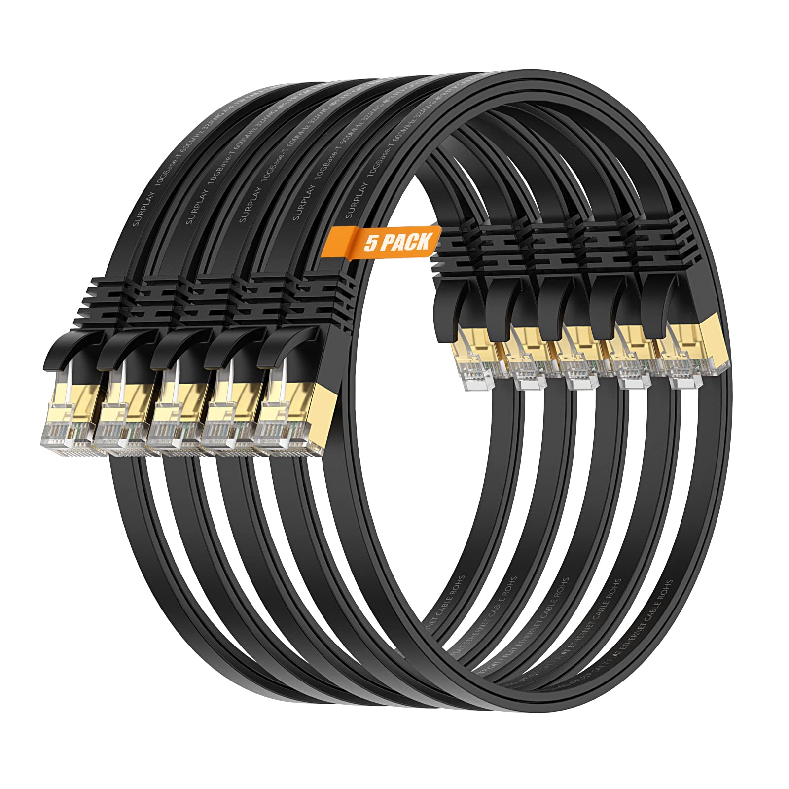 Cat7 Ethernet-Kabel, 4,8 m, schwarz, 10 Gbit/s, Netzwerk-Flach-Patchkabel, geschirmt und Erdungsdraht, ultradünn, vergoldet, RJ45, Cat 7, LAN-Kabel mit Kabelbinder für Router, NAS, 5 Stück