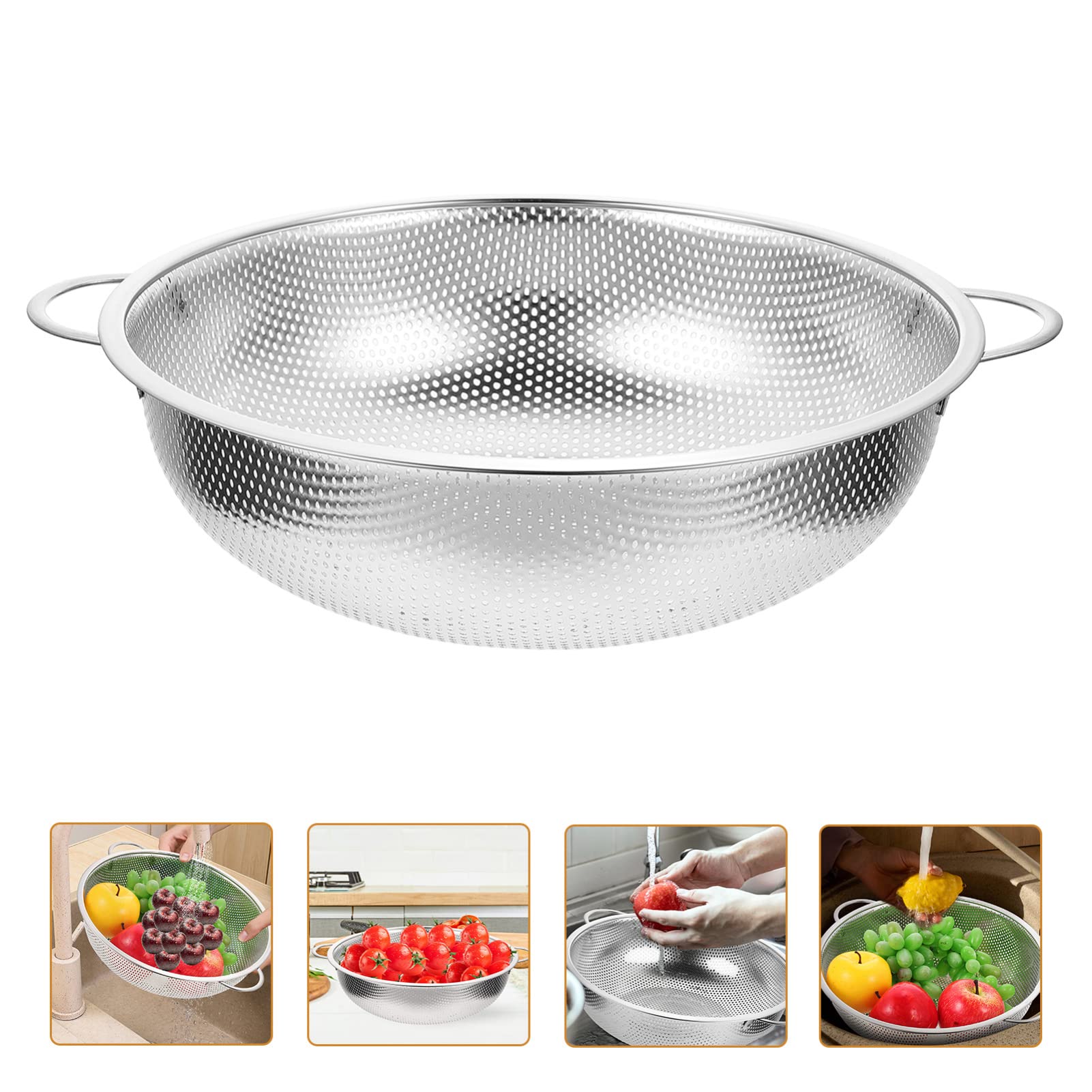 Colador de fideos Colador de malla de acero inoxidable Cestas de colador con asa Cuenco de lavado de arroz de metal de 34 cm Cuenco colador de alimentos de cocina Cuenco para pasta Espaguetis Bayas