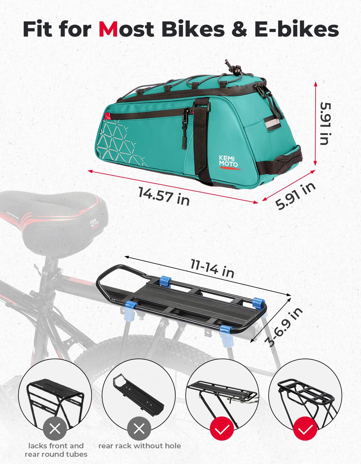 KEMIMOTO Borsa posteriore per portabici – 8L PVC impermeabile per bici da strada e mountain bike – Borsa nera per pendolari per la spesa e il ciclismo