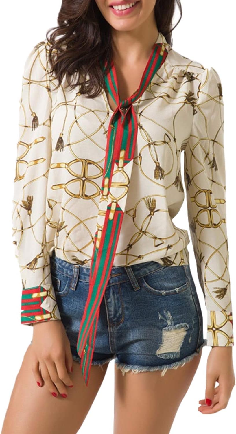 Floral Print Women's Tops Casual V Neck Long Sleeve Ribbon Chiffon Top Shirts Work Blouse for Women