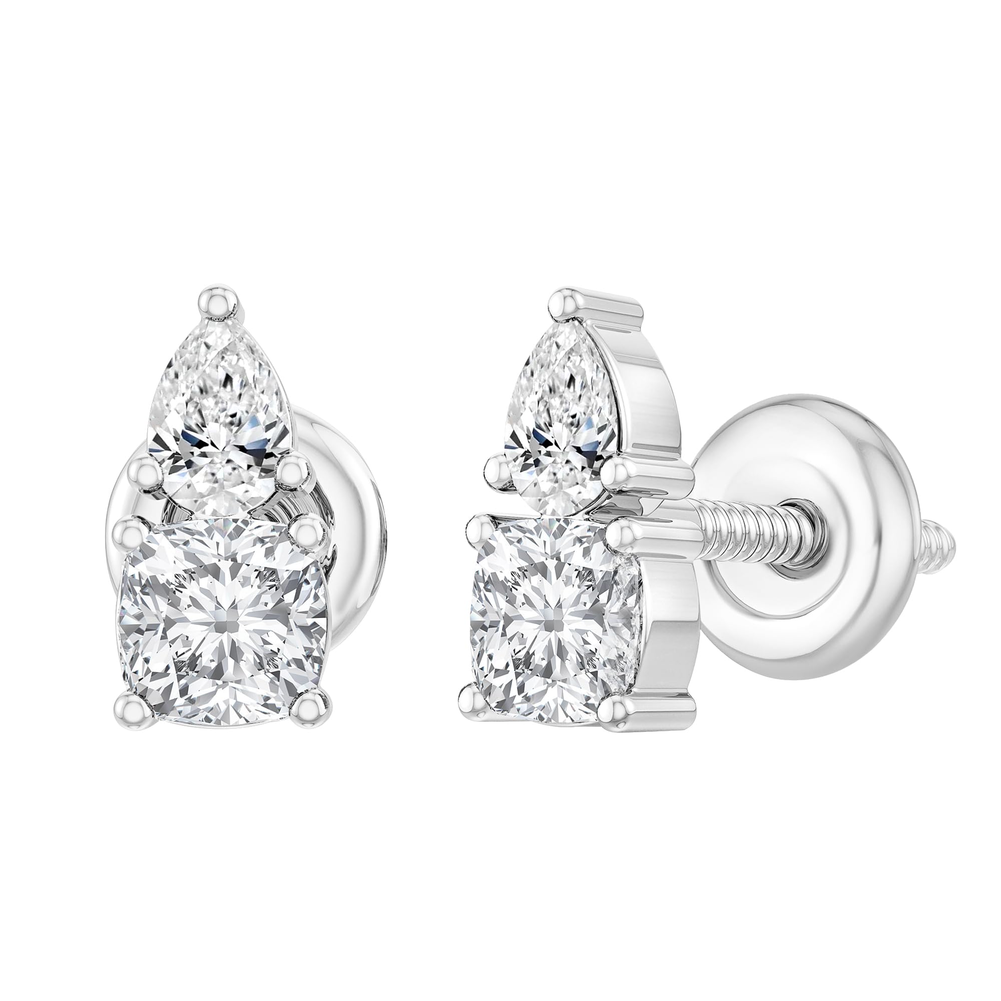 ALLORYA Cushion & Pear Cubic Zirconia 2 Stone Stud Earrings for Her in 925 Sterling Silver in Screw Back