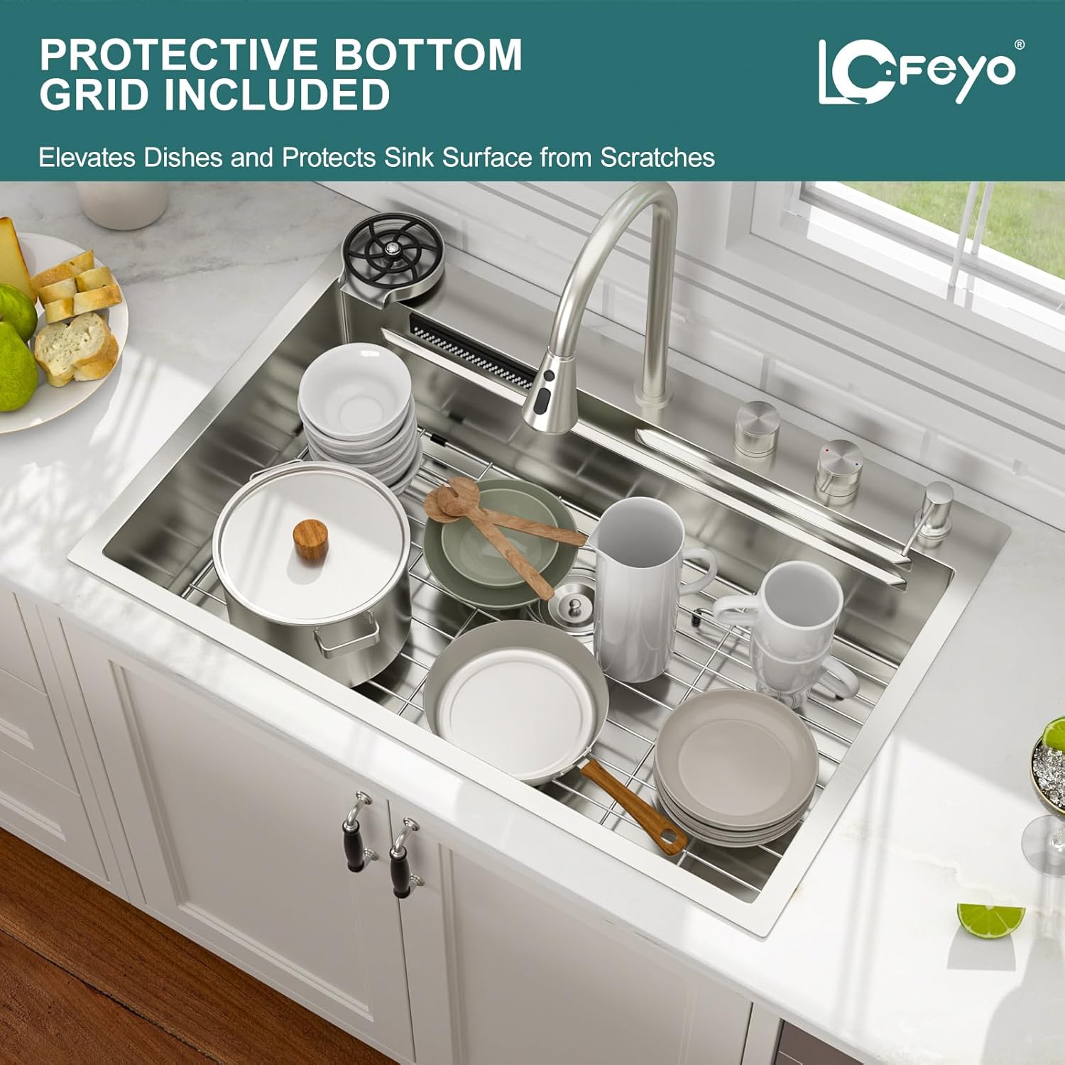 33x22 Inch Waterfall Kitchen Sink Drop In Multifunctional Workstation With Faucet Combo, Topmount 16 Gauge Stainless Steel Single Bowl, Modern Smart Design #LOF-L-DOE00004