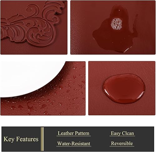 Miniatura 4 de XINYUN Juego de 6 manteles individuales de piel sintética color vino tinto, resistentes al calor, antideslizantes, impermeables, lavables y Flor