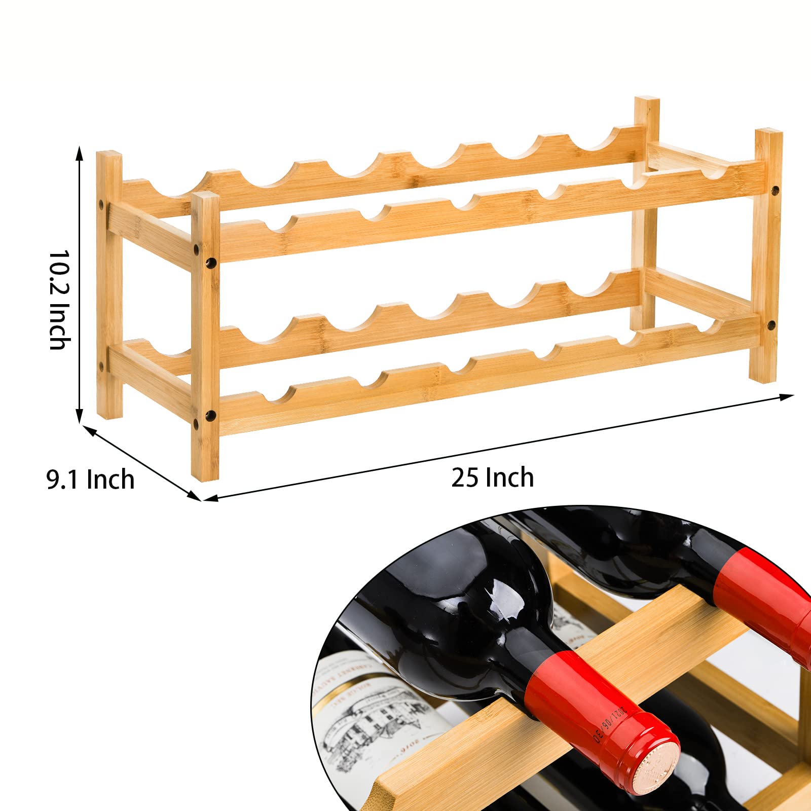Nicunom Wine Rack Countertop, 2-Tier 12 Bottles Bamboo Wine Storage Rack, Wine Bottle Holder, Wine Display Shelf, Free Standing Wine Storage for Home, Pantry, Cabinet and Bar