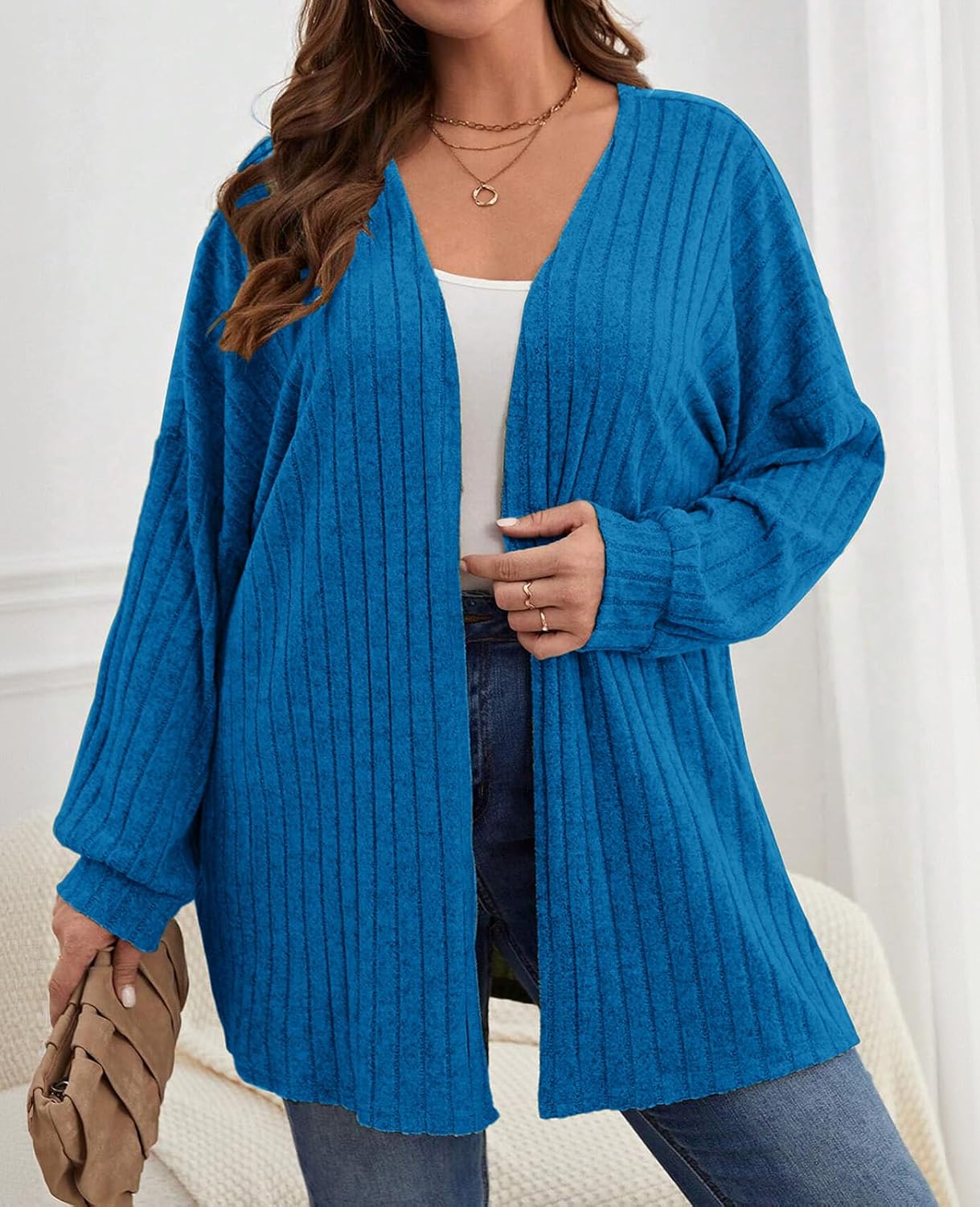 Womens Plus Size Cardigans Long Sleeve Open Front Ribbed Knit Cardigan Sweater Loose Lightweight Knitted Coat - Image 3