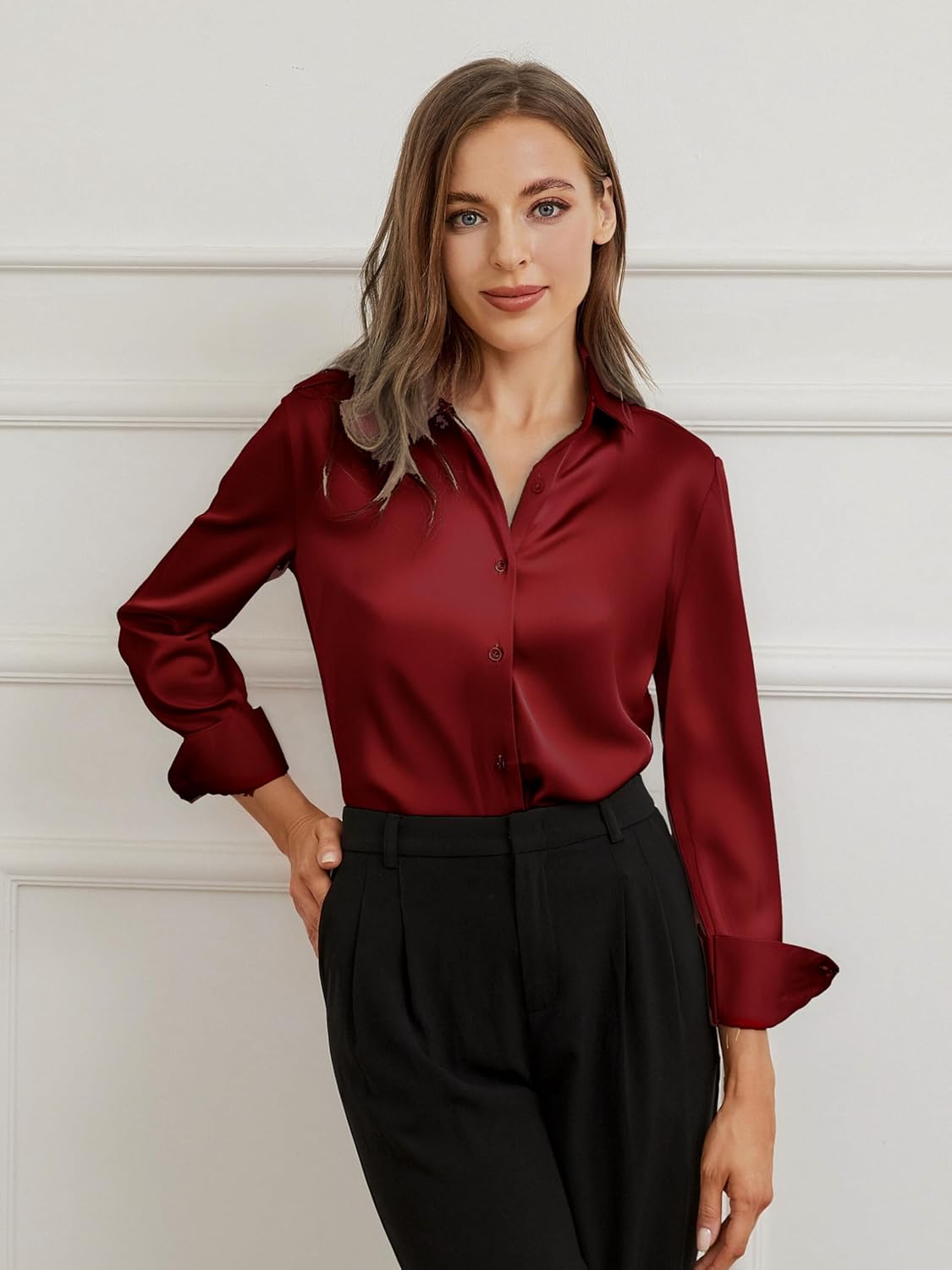Damipow Satin Silk Button Down Shirts for Women Dress Shirts Long Sleeve Blouses Womens Shirts - Image 3