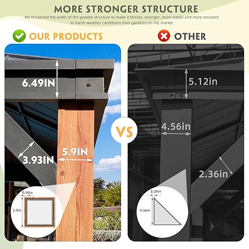 Miniatura 3 de MELLCOM Cenador de 12 x 16 pies, acabado de madera, marco de aluminio más grueso con techo de acero galvanizado, cenador de patio al aire libre con