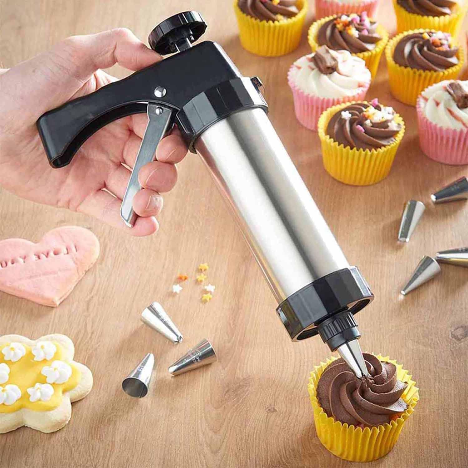 Sparabiscotti Pressa per Biscotti in Acciaio Inossidabile,Professionale Biscotto in Inox Biscotti Sparabiscotti con 1 PCS Pistola di Glassa + 8 PCS Stampo per Biscotti + 4 PCS Punte di Glassa Biscuit