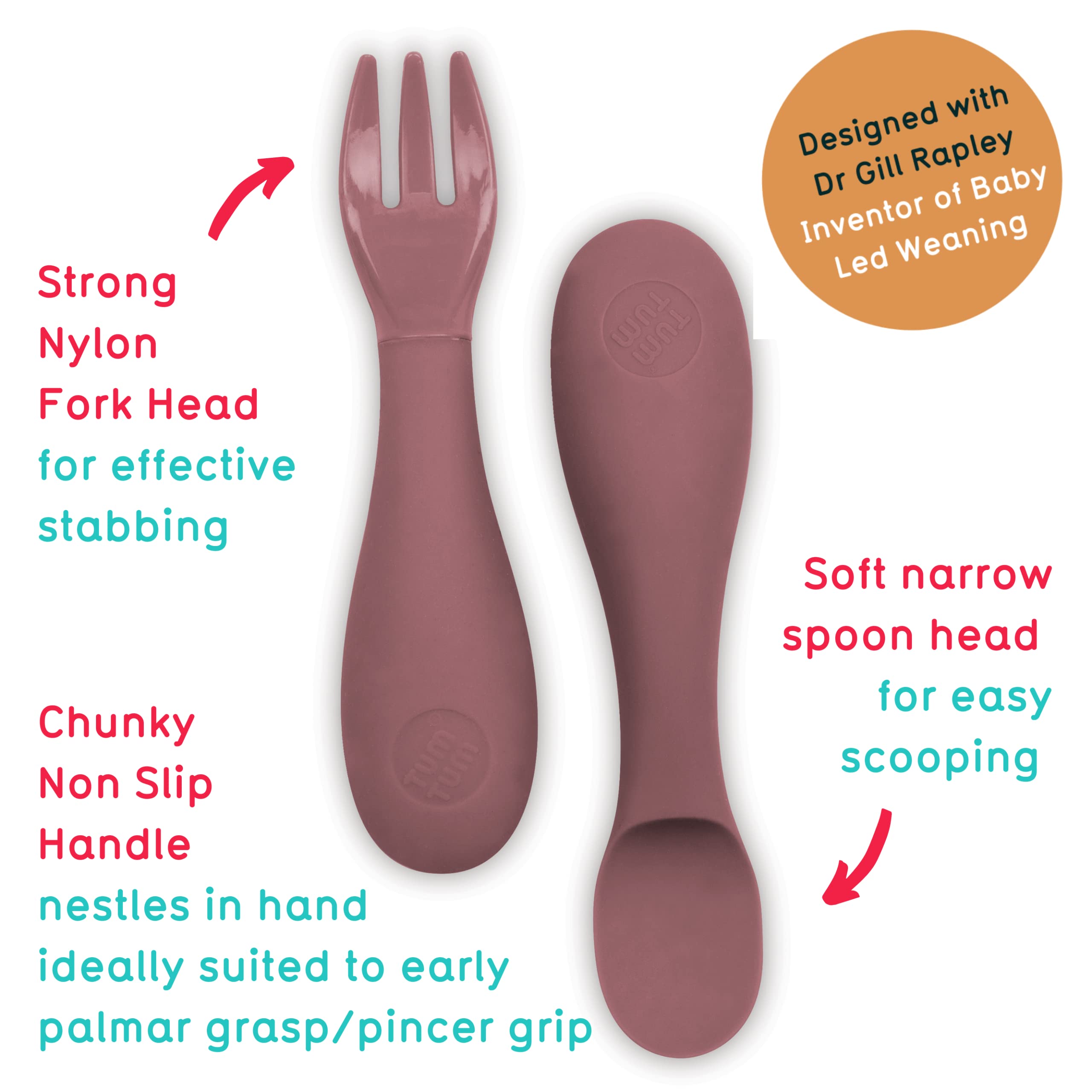 Tum Tum Baby Cutlery with Case - Baby Spoon & Fork Set, Self Feeding Cutlery, Silicone, 6+ Months, Pink