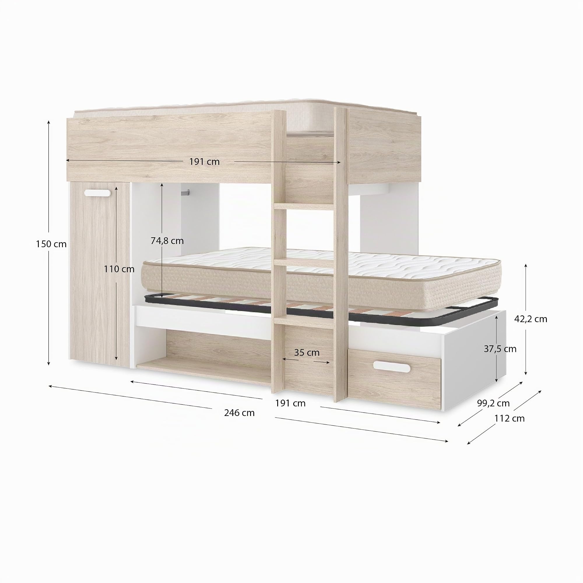 DEKIT - Pack Ahorro Juvenil Cama Tren KOS con 1 Somier Lama Ancha y 2 Colchones viscoelásticos Nova 90 x 190 cm