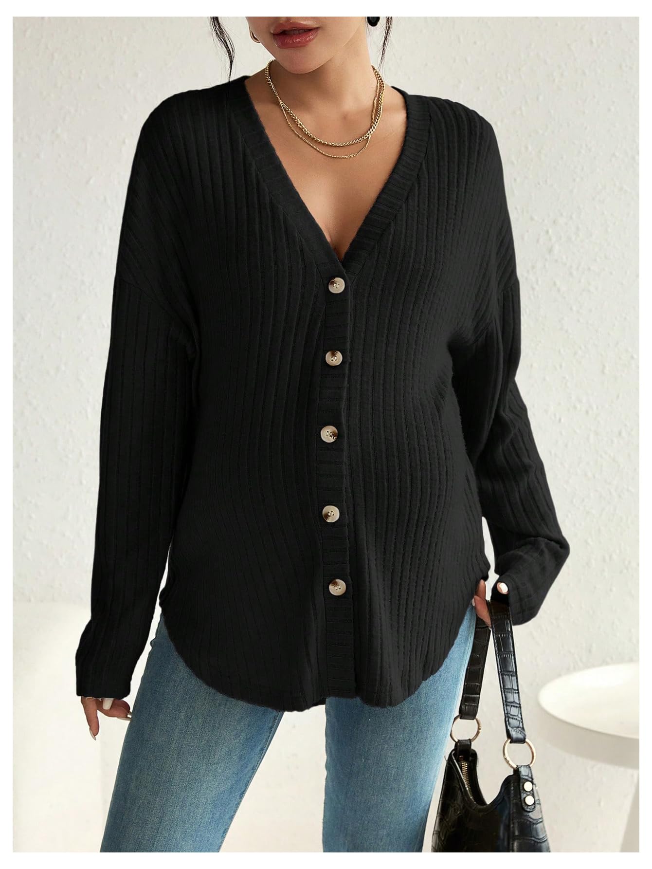 Giacca premaman da donna, con scollo a V, maniche lunghe, oversize, maglia a coste, maglione per gravidanza, morbido, confortevole, casual, abbottonatura frontale, top per allattamento e uso