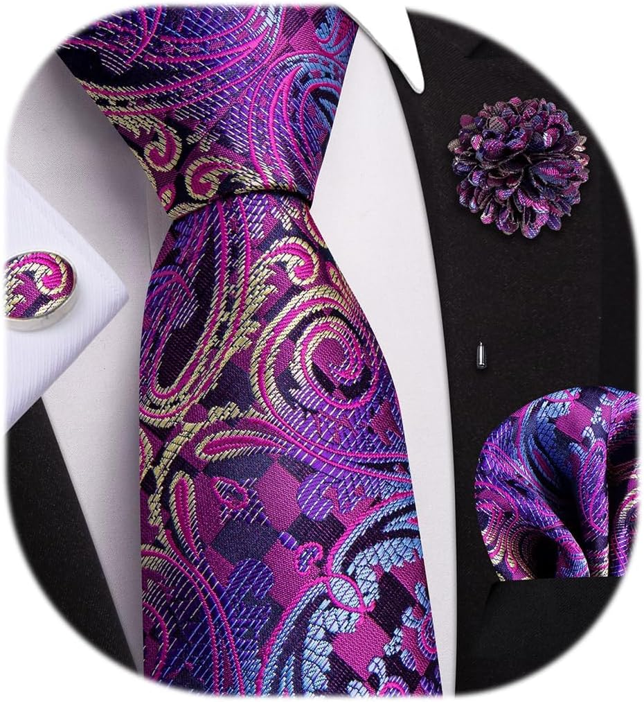 Mens Tie and Lapel Pin Paisley Striped Floral Necktie for Men Pocket Square Cufflinks Wedding Party