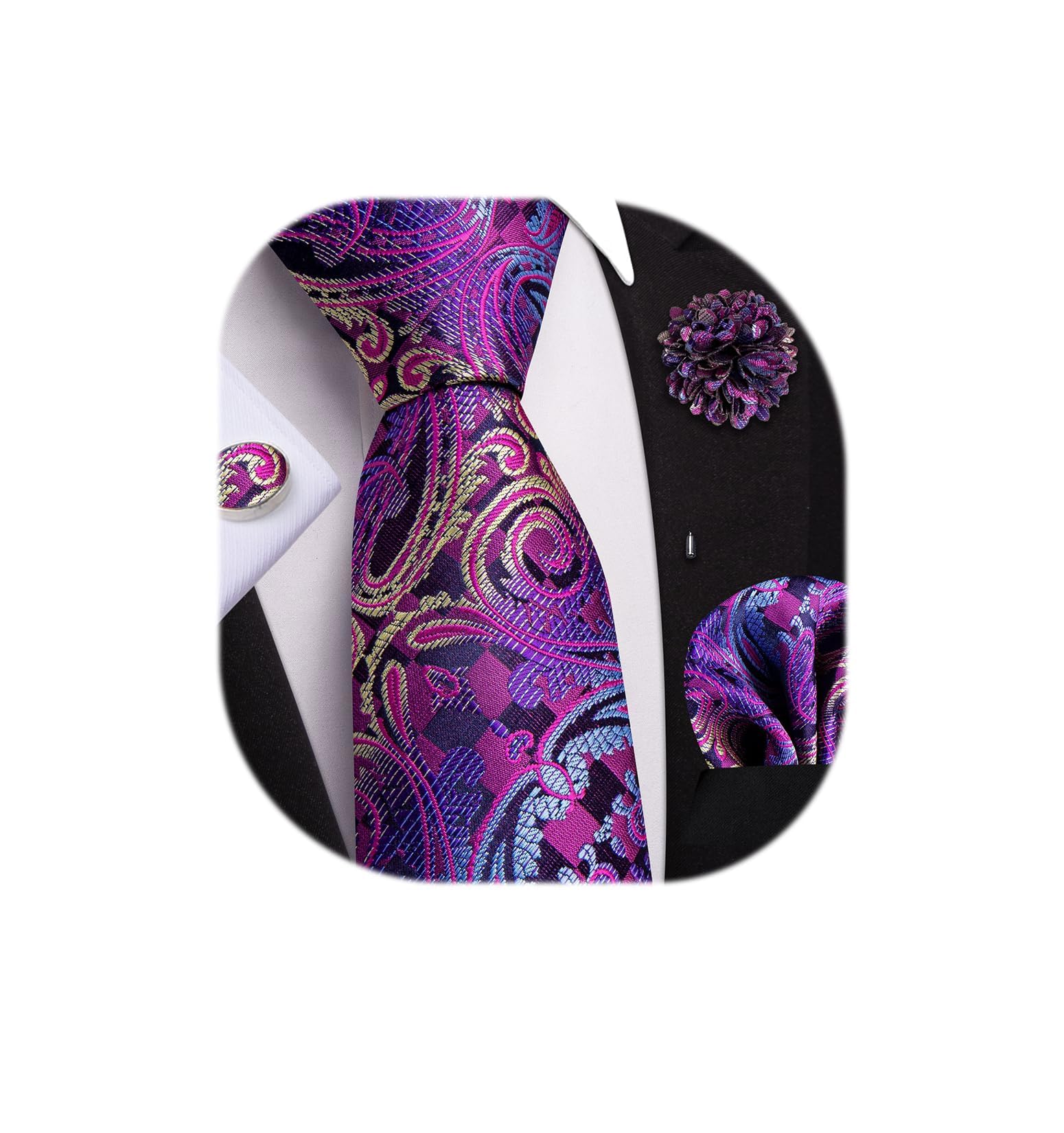 Dubulle Mens Tie and Lapel Pin Paisley Striped Floral Necktie for Men Pocket Square Cufflinks Wedding Party