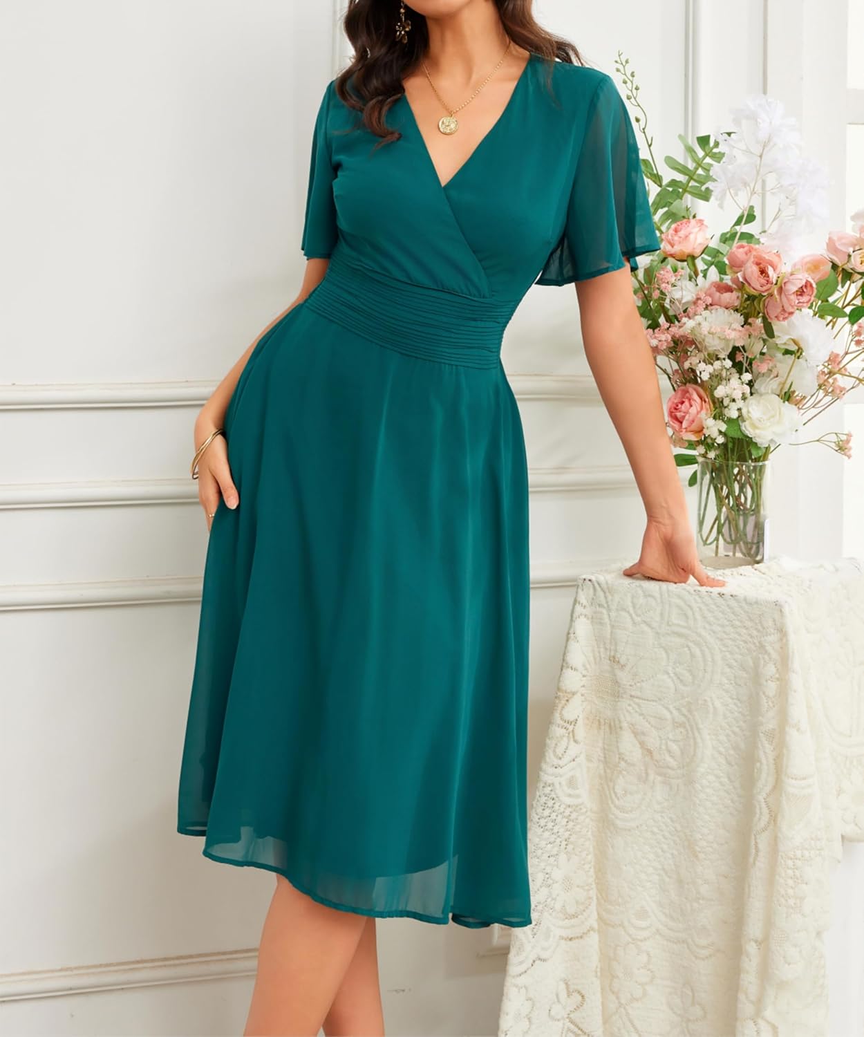 Women's Summer Elegant Chiffon Wrap V Neck Aline Dress - Image 3